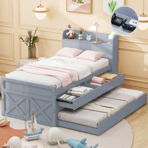 Lit simple 90x190 cm, avec deux tiroirs coulissants et lit rabattable, chevet rangement et chargement usb, sommier à lattes, adapté aux adolescents