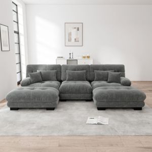 Canap&eacute; 3 places, Canap&eacute; Modulaire Chenille avec 2 Poufs &ndash; Grand Format en U, Convertible en Lit, Confort Profond pour Salon &ndash; Gris