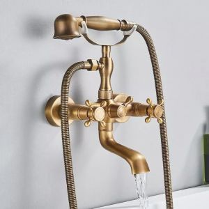 Mitigeur de Baignoire Retro avec Double Poignée et Flexible de Douche Laiton Mitigeur De Baignoire Montage Mural pour sall de bain Robinet Douche en