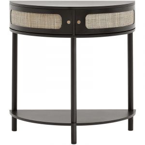 Table console en rotin demi-lune avec 2 tiroirs, table d'entrée en rotin avec porte coulissante en rotin naturel, table console avec rangement pour