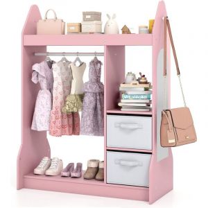 COSTWAY Portant &agrave; V&ecirc;tements Enfant avec Miroir en Acrylique & Cintre en Bois, Penderie Enfant avec 3 &Eacute;tag&egrave;res Ouvertes & 2 Bacs en Tissu, Garde-Robe