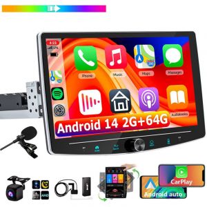 Essgoo - Autoradio Bluetooth 1DIN Android 14, unit&eacute; centrale rotative de 10,1 pouces, gps, radio CarPlay - 2+64G dab+ cam