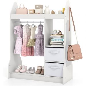 COSTWAY Portant &agrave; V&ecirc;tements Enfant avec Miroir en Acrylique & Cintre en Bois, Penderie Enfant avec 3 &Eacute;tag&egrave;res Ouvertes & 2 Bacs en Tissu, Garde-Robe