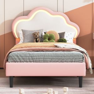 Eifson &ndash; Lit simple 90x200 cm capitonn&eacute; avec lumi&egrave;res LED &ndash; T&ecirc;te de lit en forme de nuage &ndash; Sommier &agrave; lattes &ndash; MDF et simili cuir &ndash; Pour adolescents