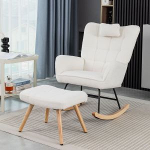 Fauteuils, fauteuil à bascule, fauteuil avec repose-pieds, poches latérales, avec appui-tête, pour salon/chambre/balcon, velours Teddy, blanc