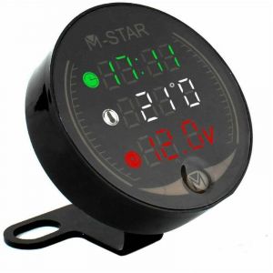 Voltm&egrave;tre ATV Moto 4 en 1 + Horloge &eacute;lectronique + Thermom&egrave;tre + Chronom&egrave;tre Testeur de tension de temp&eacute;rature LED num&eacute;rique, Noir