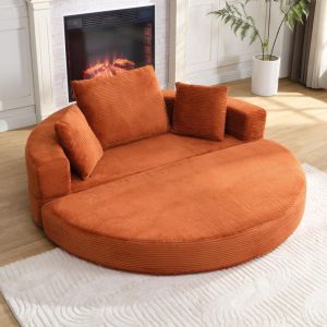 Canap&eacute;-lit modulable en velours c&ocirc;tel&eacute;, 173x176 cm &ndash; Format ovale, livr&eacute; avec coussins, pour appartement, salon ou chambre &ndash; Orange