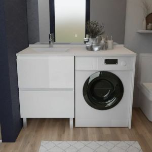 Meuble pour lave-linge idea, plan vasque déportée 124 cm x 65 cm- Blanc- Vasque à gauche
