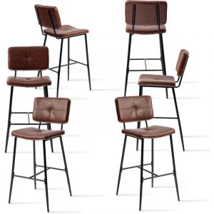Lot de 6 tabourets de bar rétro vintage - assises rembourrées de 75 cm de hauteur - chaises hautes marron - pieds et repose-pieds en métal noir