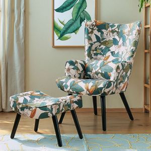 Fauteuil d'angle HomeMiYN avec coussin et tabouret inclus - Canapé simple de salon en tissu vert fleuri tropical