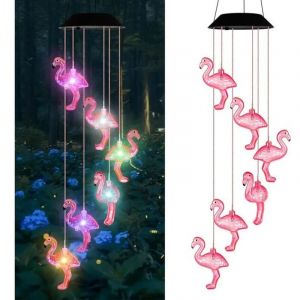 Carillon &eacute;olien flamant rose &agrave; &eacute;nergie solaire avec lumi&egrave;res changeantes de couleur &ndash; D&eacute;coration ext&eacute;rieure pour jardin, terrasse