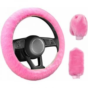 3 Pièces Couverture de Volant de Voiture Anti-Dérapant Élastique Housse de Volant Universelle de Voiture en Peluche Rose avec Housse Frein à Main et