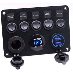 Prise allume-cigare，5 Gang Panneau de Interrupteur &agrave; Bascule ON-OFF Avec Chargeur Double USB Avec Imperm&eacute;able Voltm&egrave;tre Num&eacute;rique Avec Allume-Cigare