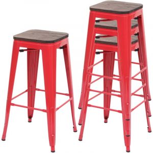 4x Tabouret de bar HHG-766, avec siège en bois, métal, style industriel , rouge