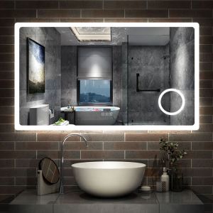 AICA Miroir salle de bain bluetooth 120x70cm et loupe 3x et horloge et 3 Colours et Anti-Bu&eacute;e Dimmable,Lumineux