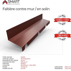 Faitière en solin TR45 - bac acier - tôle de couverture - Toiture - Coloris Brun Rouge Terracotta RAL 8012 L=2.10m, épaisseur 0.63mm