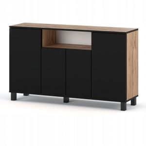 Commode BEST 4D - 140x35x80 cm - Chêne Wotan / noir mat - Commode moderne avec 4 portes et système d'ouverture sans poignée