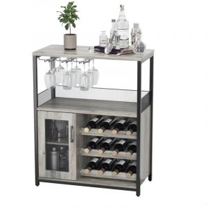 Meuble de Bar &agrave; Vin, Buffet Industriel avec Porte-Bouteilles et Porte-Verres &agrave; vin , Meuble de Rangement avec Porte en M&eacute;tal Grillag&eacute;, Id&eacute;al pour