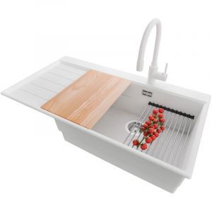 PRIMAGRAN Evier Cuisine en Granit 90x50cm,Lavabo 1 bac + Robinet 38x14cm + Kit de Vidage + Accessoires, Évier à Encastrer au meuble 60cm - Sydney,