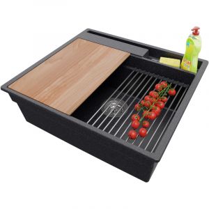 Primagran - Evier Cuisine en Granit 58x53cm, Lavabo 1 bac + Kit de Vidage + Accessoires, &Eacute;vier &agrave; Encastrer au meuble 60cm - Oslo Pocket, Graphite