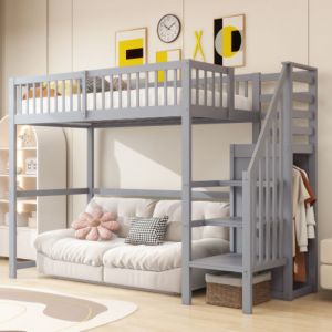 Lit mezzanine enfant 90x200 cm avec escalier, &eacute;tag&egrave;re de rangement, armoire simple, en bois, sans matelas, gris