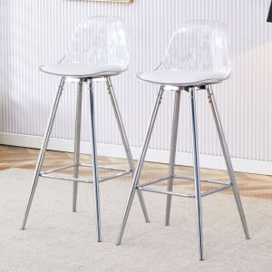 Tabouret de bar-transparent-2chaises-structure m&eacute;tal argent&eacute;-dossier translucide-38x33x96,5cm