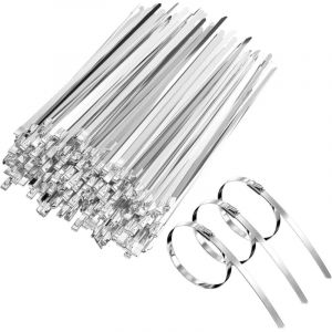 100 pieces Attache Cable Inox 200mm,Collier de Serrage Inox Autobloquante,Serre Cable Pour Enroulement D'échappement, Câbles Groupés,Entretenir les