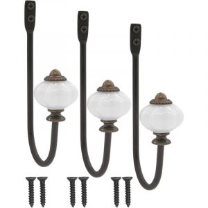 lot de 3 patère antique, patère, crochet à chapeau, crochet en fer avec tête en céramique et couronne en laiton - style campagnard vintage