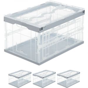 Bo&icirc;te pliable, lot de 4, couvercle, caisse de rangement plastique coffre transport 60 litres 31,5 x 59,5 x 39,5 cm, vert