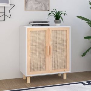 Buffet - Armoire de rangement Enfilade Blanc 60x30x70 cm Bois de pin massif et rotin naturel BV856678