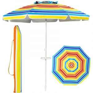 Parasol de Plage Inclinable avec M&acirc;t D&eacute;montable et Pieds &agrave; Vrille, Parapluie de Soleil &agrave; 8 Baleines R&eacute;sistant en Fibre de Verre, Lucarne pour Jardin,