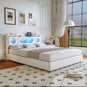 Lit Coffre 140x200cm avec LED et USB,T&ecirc;te de Lits avec Rangement,Lit Deux Places avec Sac de rangement lat&eacute;ral,Lit Double pour Adulte Adolescent, PU