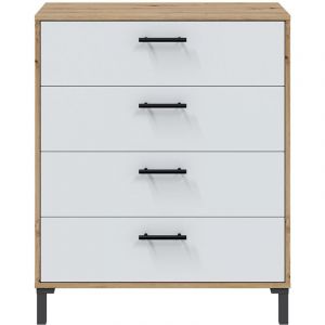 Commode, meuble de rangement avec 4 tiroirs coloris chêne nordique, blanc artic - hauteur 94 x longueur 78 x profondeur 40 cm