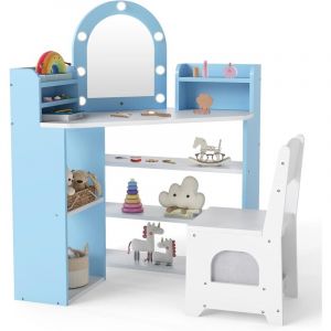 COSTWAY Coiffeuse Enfant Fille avec Chaise et Miroir Lumineux, Bureau Enfant Fille avec 3 &Eacute;tag&egrave;res & 5 Compartiments Ouverts, 5 Accessoires,