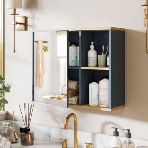 Armoire &agrave; Pharmacie avec Miroir Armoire Murale pour Salle de Bain avec &Eacute;tag&egrave;re Ajustable et Compartiments Ouverts Organisateur Gris