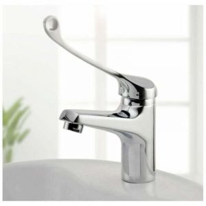 Mitigeur Lavabo avec Poign&eacute;e M&eacute;dicale, Robinet de Salle de Bains PMR, Chrom&eacute;, Argent