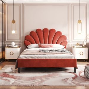 Lit adulte capitonné 140x200cm - tête de lit en forme de fleur, sommier à lattes, Scandinave lit double, velours - Rouge