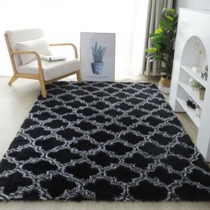 Enowelir - Tapis Marocain Luxe 160x230cm Motif G&eacute;om&eacute;trique Poils Longs Ultra Doux Salon Chambre Enfant Noir Blanc D&eacute;coration Tendance