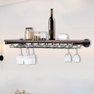 &Eacute;tag&egrave;re &agrave; verres &agrave; vin murale avec support pour pied - Verres &agrave; vin - Pr&eacute;sentoir r&eacute;tro - &Eacute;tag&egrave;re &agrave; vin murale - Porte-bouteilles en bois + fer