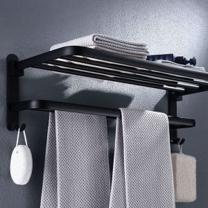 Porte Serviette Salle de Bain Pliable &agrave; 90&deg;, Porte Serviettes Murale, Barre Porte-Serviettes sans per&ccedil;age, Range Serviette &agrave; 2 Niveaux avec Etagere,