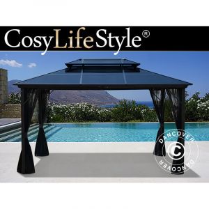 Dancover &ndash; Tonnelle Santa Ana 3x4m &ndash; Aluminium robuste &ndash; Panneaux en polycarbonate 6mm &ndash; Rideaux et moustiquaire inclus &ndash; Protection UV 30-50+