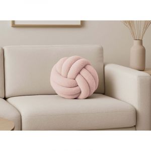 Coussin rond d&eacute;coratif boule de n&oelig;ud en effet peau de mouton rose