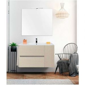 Meuble de salle de bain suspendu gea avec miroir et lavabo - 2 tiroirs avec poign&eacute;e &agrave; gorge et un espace de rangement avec porte - cr&egrave;me 80CM