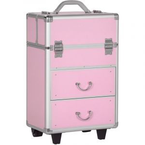 Valise trolley maquillage mallette cosm&eacute;tique vanity poign&eacute;e t&eacute;lescopique r&eacute;glable 36L x 23l x 58H cm alu ABS rose
