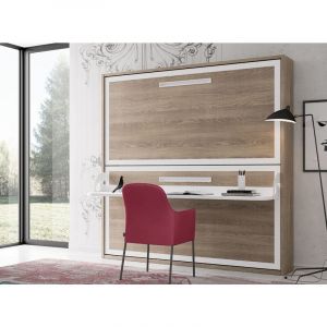Les Tendances - Lit superposé escamotable avec bureau Melina 90x180-Coffrage Gris anthracite-Façade Chêne 3D