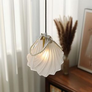 Lustre coquillage rustique pour chambre &agrave; coucher, luminaire suspendu fran&ccedil;ais avec cha&icirc;ne r&eacute;glable, plafonnier &agrave; 1 lumi&egrave;re pour salle &agrave; manger,