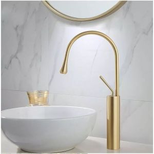 Zamery - Robinet de Lavabo Cascade doré brossé, Robinet Salle de Bain avec Eau Froide & Chaude Disponible, Haut Cascade de Mitigeur Lavabo, doré