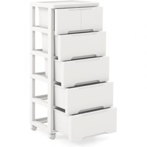 GOPLUS Meuble de Rangement Roulant en Plastique &agrave; 5 Tiroirs, Casier de Rangement Mobile avec 4 Roues Universelles, Grand Plateau, Vertical pour