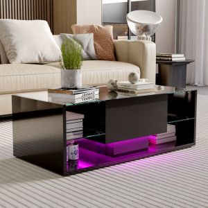 Table basse 100 cm style moderne, avec tiroir et &eacute;tag&egrave;res de rangement, &eacute;clairage LED, finition laqu&eacute;e brillante, &eacute;tag&egrave;res et plateau en verre tremp&eacute;