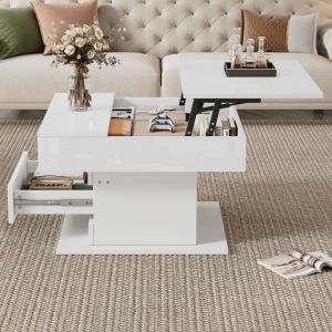 Table basse relevable 70×70×45 cm — plateau pivotant 360°, 1 tiroir & rangement caché, panneau de particules,Blanc